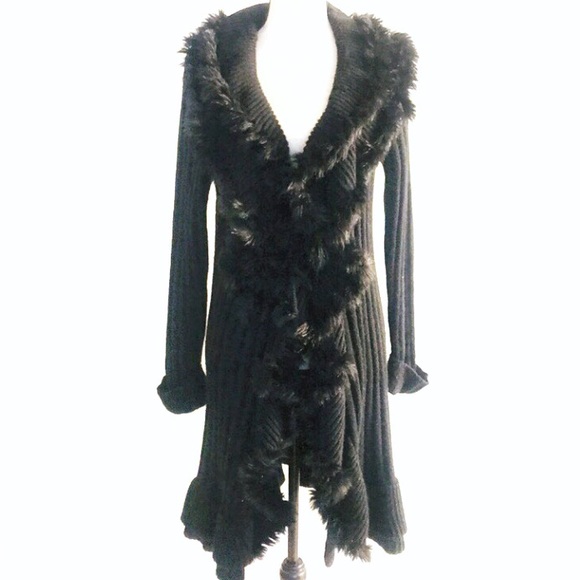 Alfani Sweaters - Alfani Black Knit Duster Cardigan Faux Fur Collar